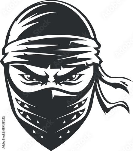 Black and white ninja face illustration with bandana and intense eyes in silhouette style.