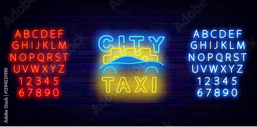 City taxi neon label with car. Public auto passenger transportation. Order and delivery. Vector stock illustration