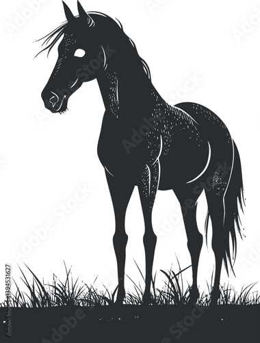 Silhouette of a horse standing gracefully in a grassy field, capturing a tranquil outdoor scene.