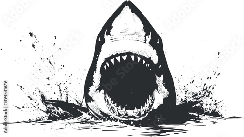 Black and white illustration of a great white shark emerging fiercely from the water.
