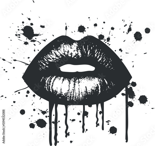 Black and white abstract art of lips with splatter and dripping effects, conveying bold expression.