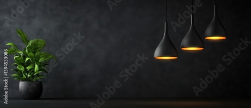 Dark interior with plant and pendant lights