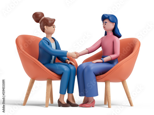 Two 3D women shake hands, symbolizing mutual respect and agreement. 3D rendering, conceptual image. Isolated on white background.