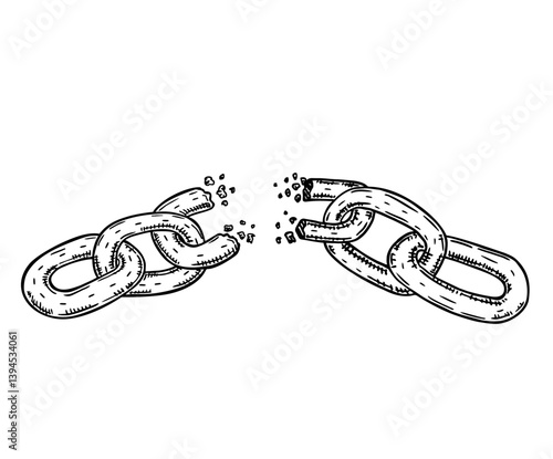 Broken chain in line art style and engraving. Freedom concept. Demolition steel chain. Freedom and power. Hand Drawn