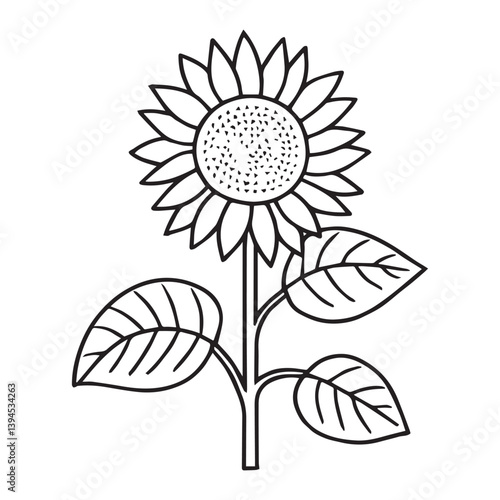 Bold and easy, on a white background illustrate a black and white coloring book line art of a simple sunflower with large leaves, on a simple white background 