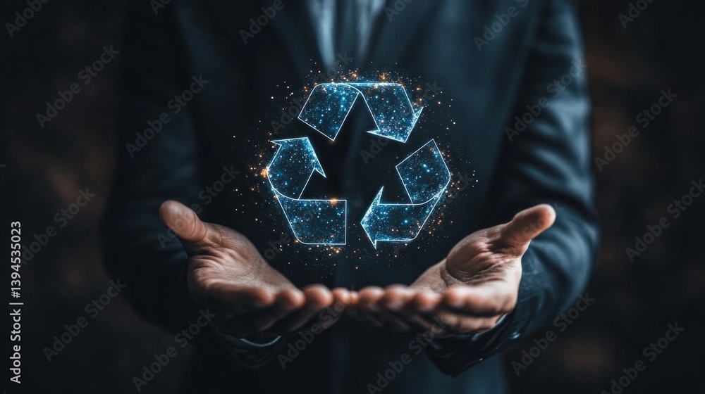 Costume hands hold a hologram recycling symbol, use for materials about ecology and sustainability.