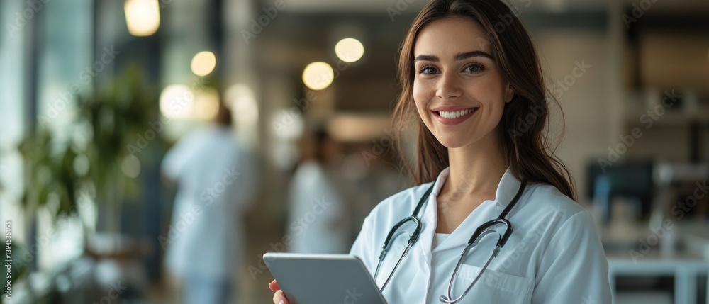 Portrait of doctor with tablet in modern clinic, professional and caring look. Great for medical websites, advertisement of medical services, articles about healthcare.