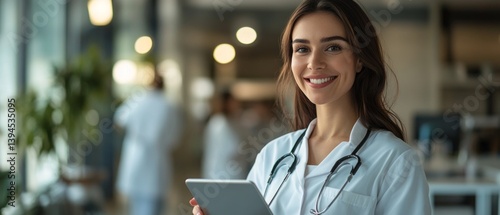 Obraz na płótnie Portrait of doctor with tablet in modern clinic, professional and caring look. Great for medical websites, advertisement of medical services, articles about healthcare. w salonie