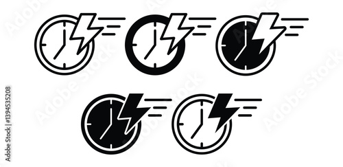 Fast Service Icons Black Clock and Lightning Bolt Vector Graphics Design