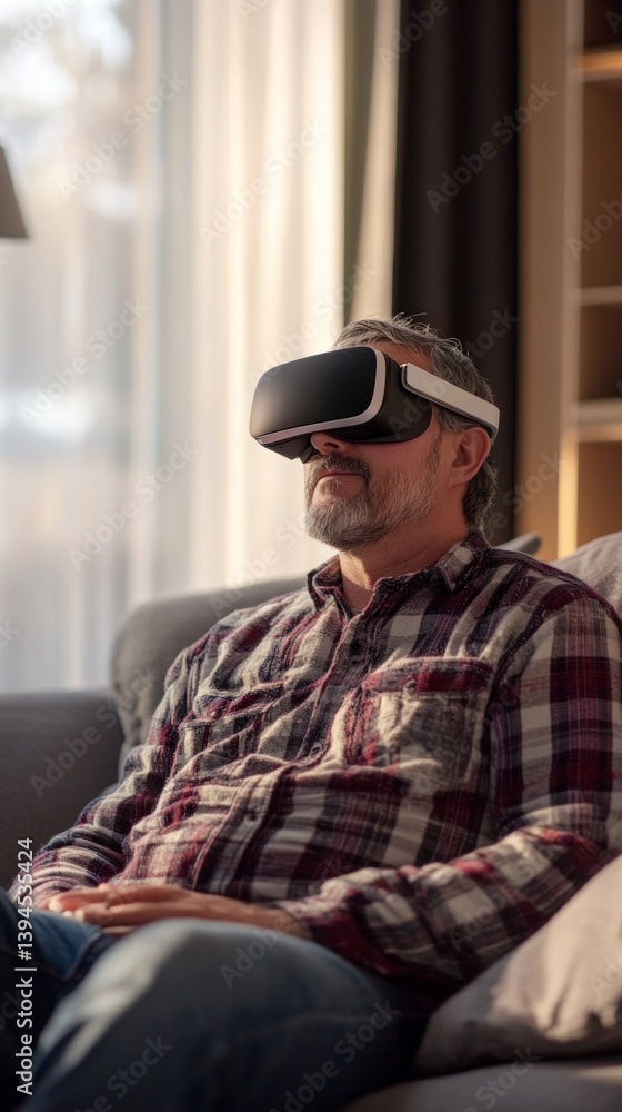 A man in virtual reality sits on the couch at home using a VR headset. Suitable for articles about technology and entertainment.