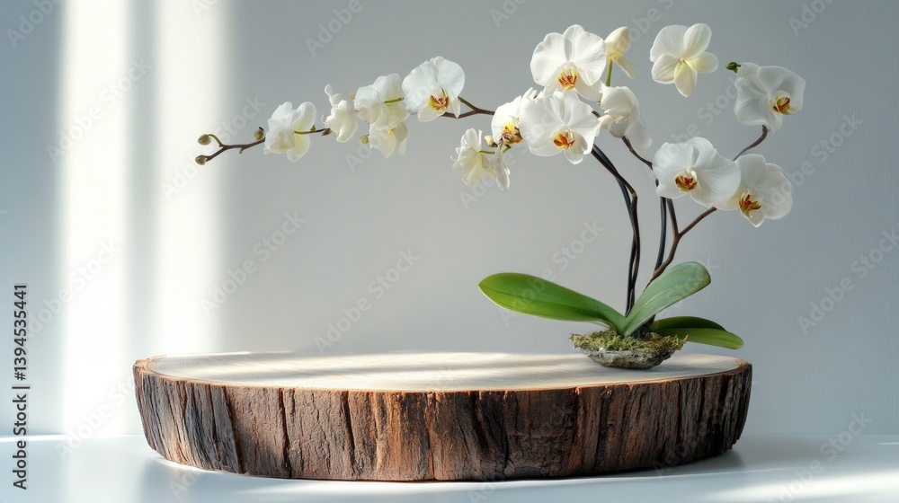 White orchids on wooden tray in modern interior. Great for interior design and decor.