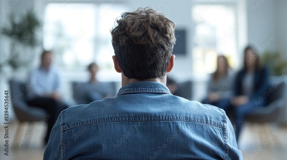Man in denim shirt sitting with his back to the camera in a brightly colored office, with colleagues around him. Suitable for business articles, training and corporate themes.