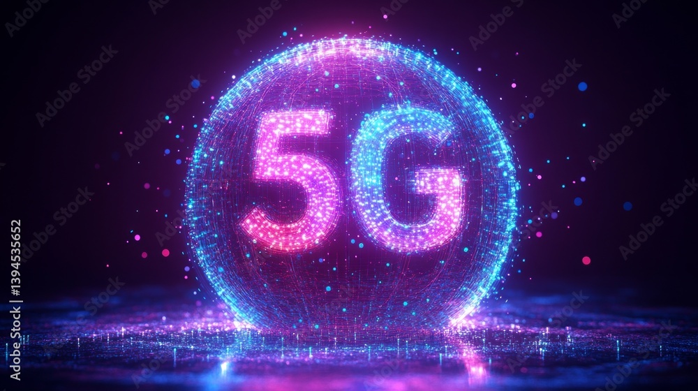 The background with a bright neon 5G logo symbolizing technology and communication is suitable for illustrating articles about telecommunications and innovation.