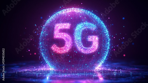 Obraz na płótnie The background with a bright neon 5G logo symbolizing technology and communication is suitable for illustrating articles about telecommunications and innovation. w salonie