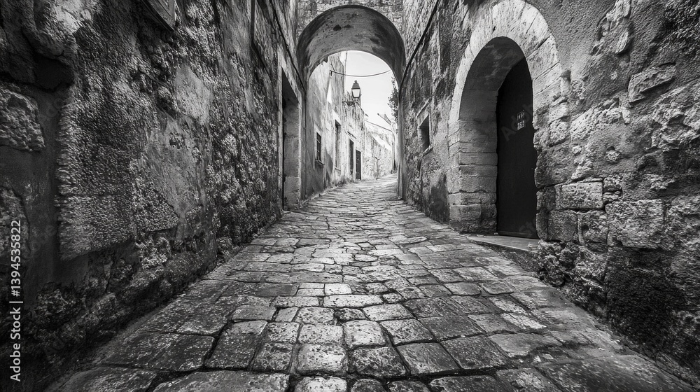 Black and white photo of an old street with arches and cobblestone sidewalk. Great for historical research, cultural blogs, architecture discussion.