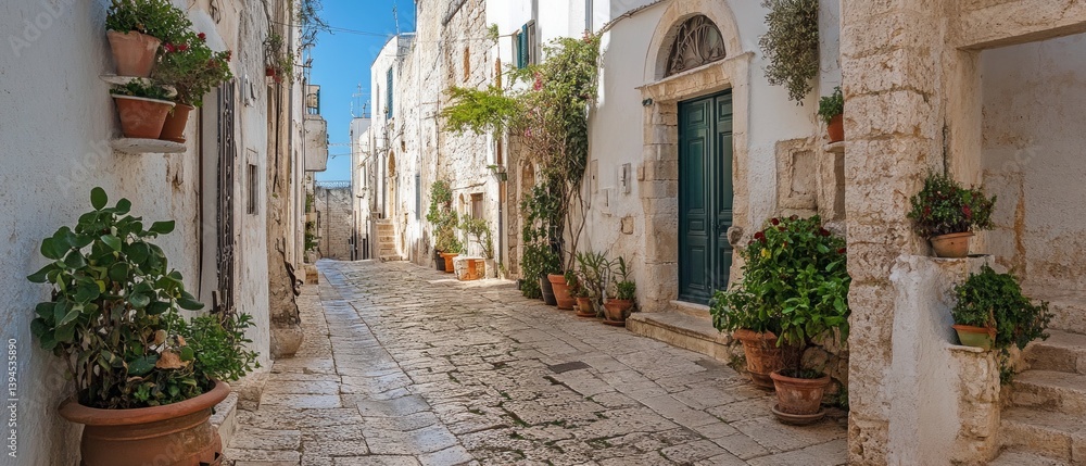 Cozy street with white houses and greenery in pots. Interior decor, travel, relaxation.