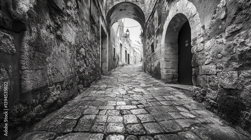 Black and white photo of an old street with arches and cobblestone sidewalk. Great for historical research, cultural blogs, architecture discussion.