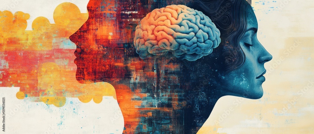 Abstract image with silhouette of a woman and a brain, symbolizing intelligence and creativity. Background for scientific and educational projects related to psychology and innovation.