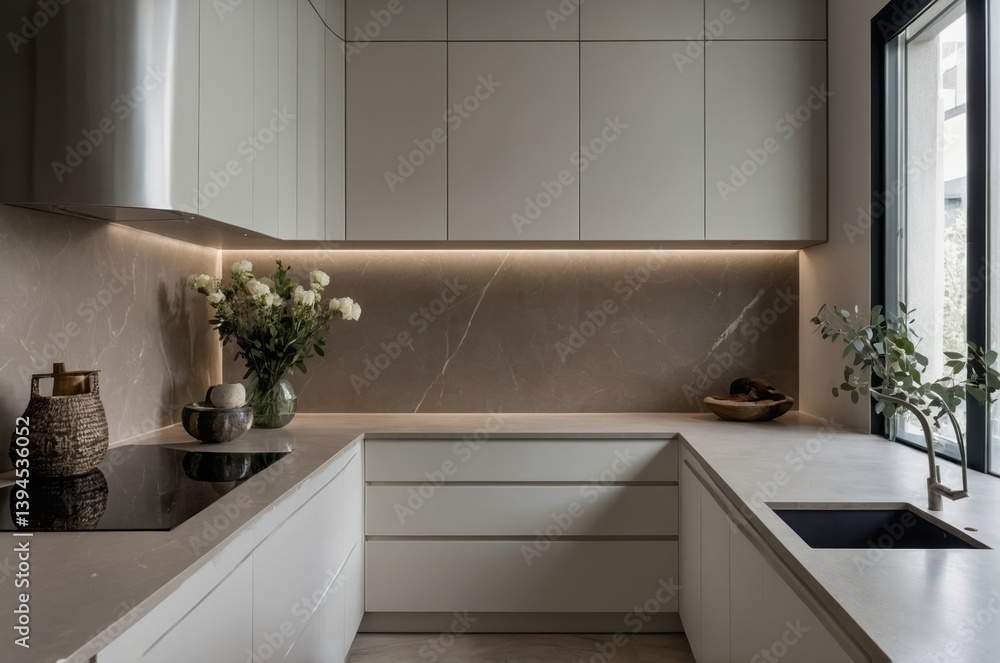 Fototapeta premium Modern kitchen featuring a white and grey countertop design