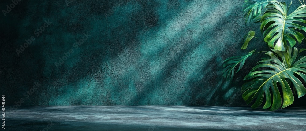 Abstract background with tropical leaves on dark textured wall, soft light and shadows. Ideal for design, advertising, presentations, creative projects.