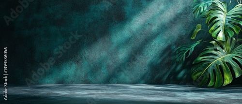Obraz na płótnie Abstract background with tropical leaves on dark textured wall, soft light and shadows. Ideal for design, advertising, presentations, creative projects. w salonie