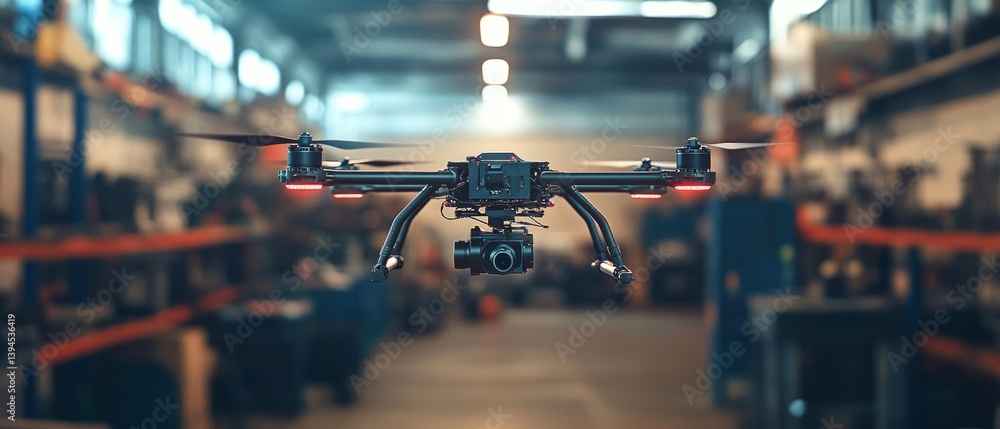 Drone with camera in hangar, ready to shoot. Suitable for articles about technology and innovation.