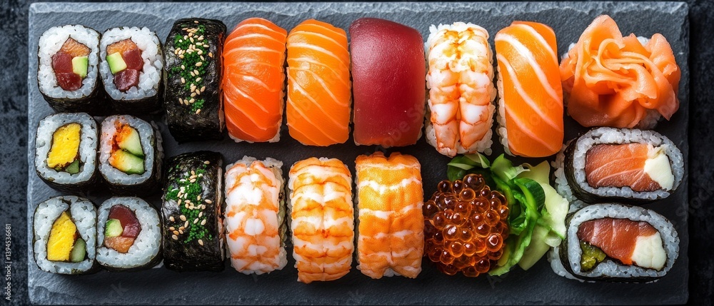An assortment of freshly made sushi and rolls on a black plate, perfect for restaurant menus, food blogs, social media.