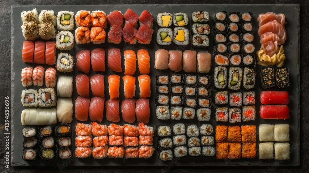 Assortment of sushi and rolls on blackboard. For restaurant menus, cooking blogs, food delivery advertising.