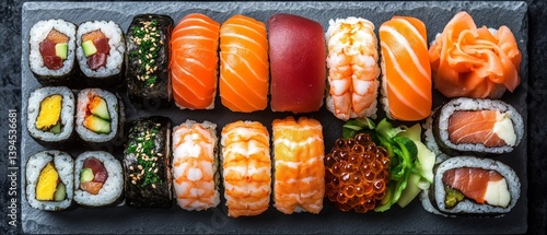 Obraz na płótnie An assortment of freshly made sushi and rolls on a black plate, perfect for restaurant menus, food blogs, social media. w salonie
