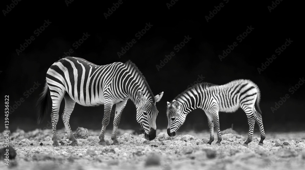Two zebras against a dark sky, grazing in a desert area. Great for wildlife, ecology, travel themes.