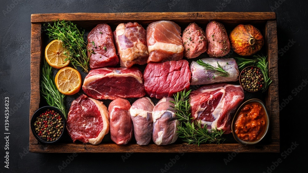 Fresh cuts of spiced meat on a wooden board, ready to cook. Suitable for recipes, cooking blogs, advertising meat products.