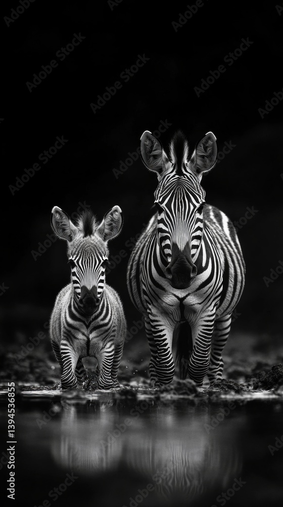 Black and white photo of a zebra and her cub by a body of water, conveying tranquility and natural beauty. Ideal for themes of wildlife, family values, ecology.
