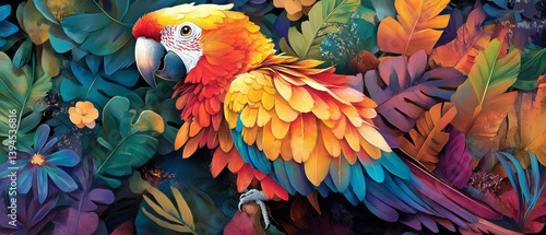 Obraz na płótnie Bright parrot among tropical leaves and flowers, creating the atmosphere of the tropics. Suitable for packaging design, advertising, decoration of children's rooms. w salonie