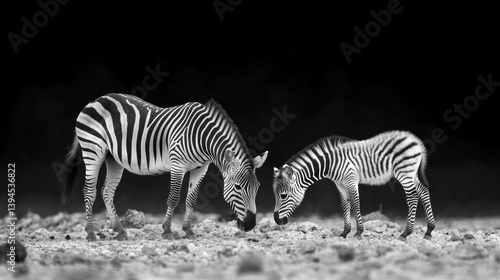 Obraz na płótnie Two zebras against a dark sky, grazing in a desert area. Great for wildlife, ecology, travel themes. w salonie