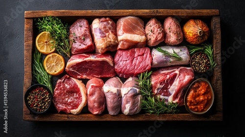 Obraz na płótnie Fresh cuts of spiced meat on a wooden board, ready to cook. Suitable for recipes, cooking blogs, advertising meat products. w salonie