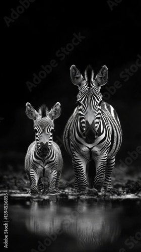 Obraz na płótnie Black and white photo of a zebra and her cub by a body of water, conveying tranquility and natural beauty. Ideal for themes of wildlife, family values, ecology. w salonie