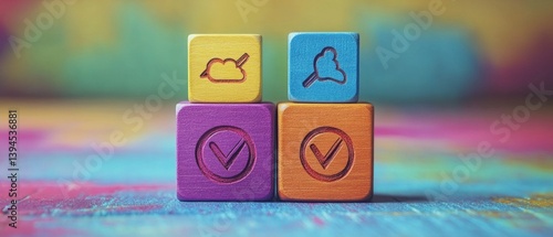 Obraz na płótnie Wooden cubes with symbols of clouds and ticks on a colorful background, symbolizing success and achievements. Suitable for educational topics, motivational posts, business presentations. w salonie