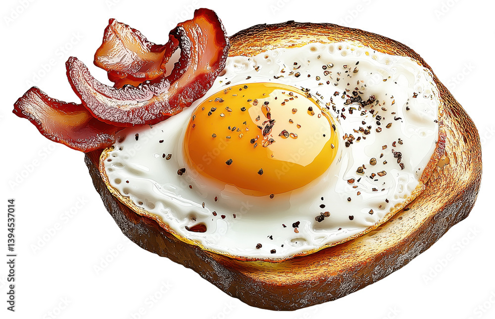 Toasted bread with fried egg and bacon slices