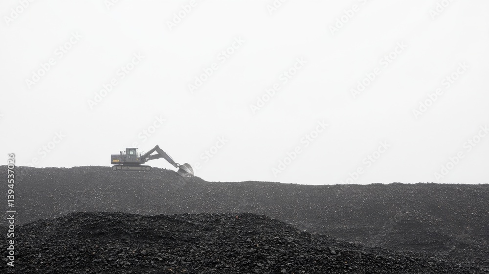 Fototapeta premium Excavator Working on a Mountain of Coal Dust in a Foggy Landscape Moments of Industrial Activity