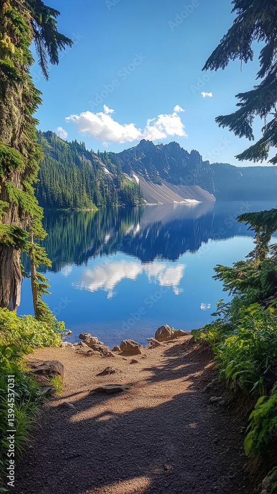 Calm mountain lake with reflection of mountains and sky, surrounded by forest. Great for backgrounds in meditation apps, nature book covers, advertisements for environmental projects.