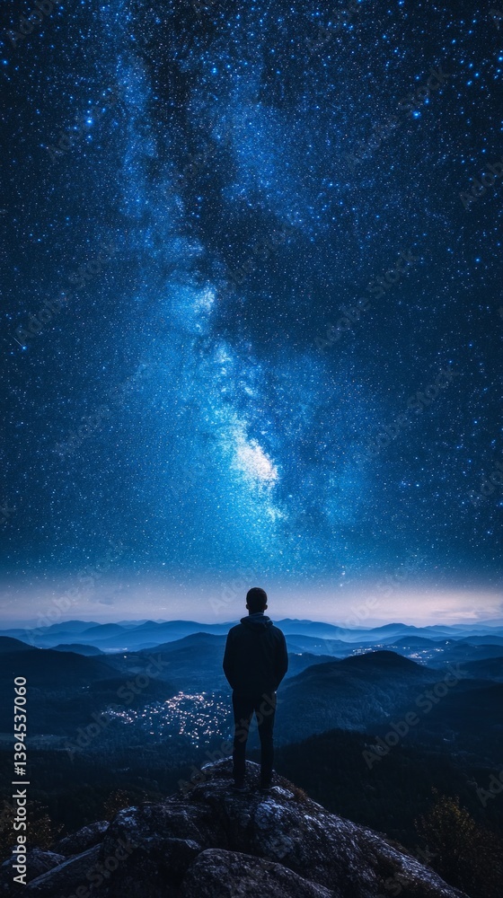 Man standing on top of a mountain under a starry sky, admiring the night landscape. Suitable for motivational posters, covers of travel books, advertising of tourist routes.