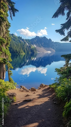 Obraz na płótnie Calm mountain lake with reflection of mountains and sky, surrounded by forest. Great for backgrounds in meditation apps, nature book covers, advertisements for environmental projects. w salonie