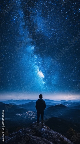 Obraz na płótnie Man standing on top of a mountain under a starry sky, admiring the night landscape. Suitable for motivational posters, covers of travel books, advertising of tourist routes. w salonie