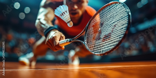 Badminton player stretches to reach the shuttlecock during a world-class competition, showcasing agility and focus in an intense moment of the match