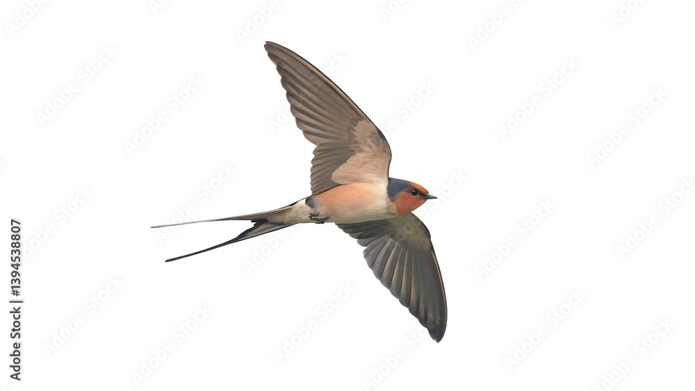 Obraz premium Red-rumped swallow in flight, Cecropis daurica, isolated on white background PNG. GENERATIVE AI