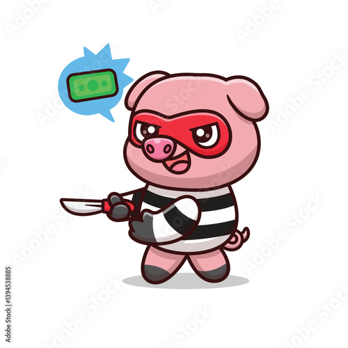 Cute Cartoon Pig Robbing Thief Holding Knife Illustration Icon Vector, Animals Business, Cartoon Style Flat