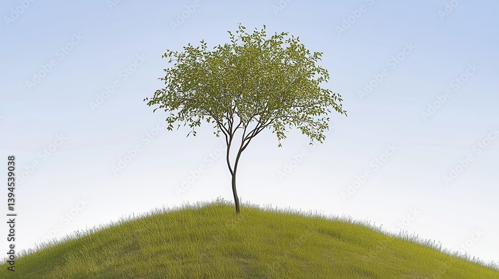Fototapeta premium A solitary tree stands atop a lush green hill under a clear blue sky