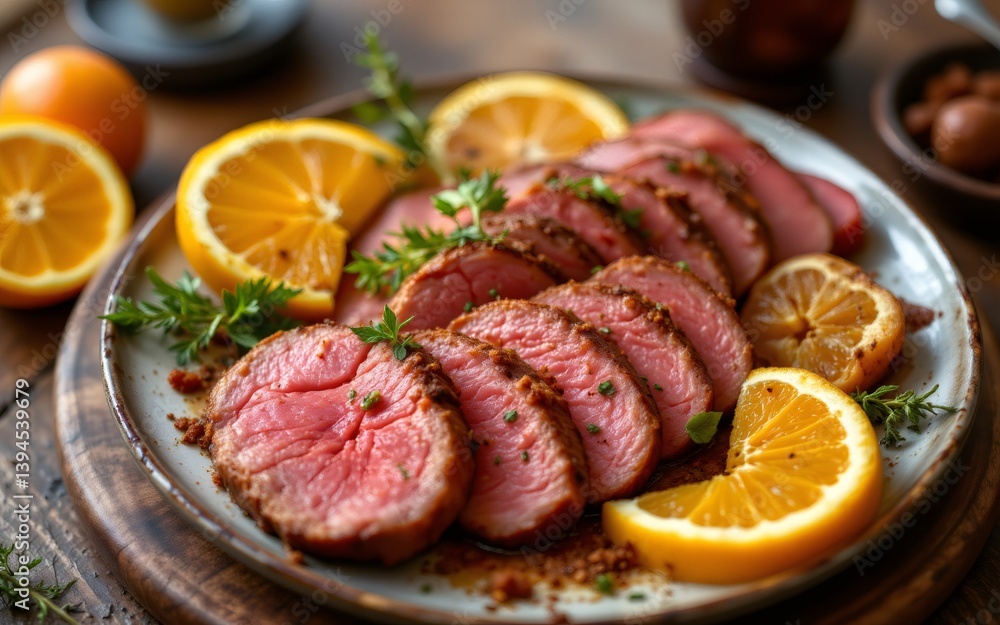 A beautifully arranged platter featuring sliced roast meat accented with fresh oranges and herbs A beautifully arranged platter featuring sliced roast meat accented with fresh oranges and herbs