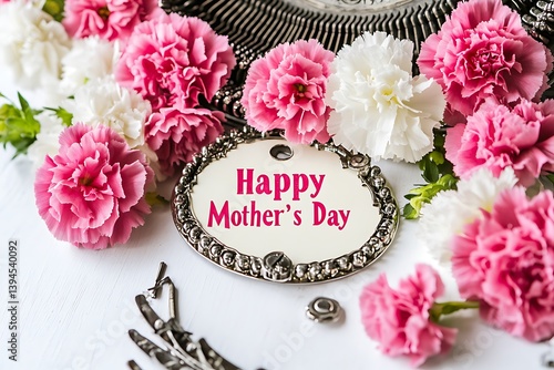 A "Happy Mother's Day" tag written in a vintage typewriter font, surrounded by a mix of retro pink and white carnations on a white antique table.