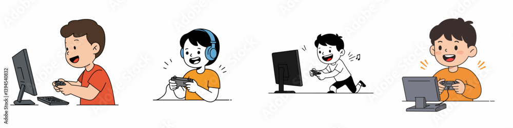 Vector of a child playing video games with excitement with flat design style, minimalist, simple, plain white background Vector of a child playing video games with excitement with flat design style, minimalist, simple, plain white background